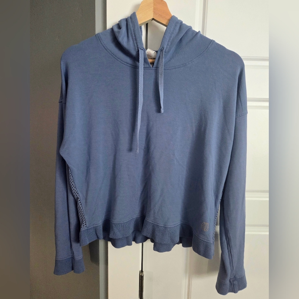 Balance Collection Women's Cropped, Slate Blue Hoodie Sweater, Mesh Back.